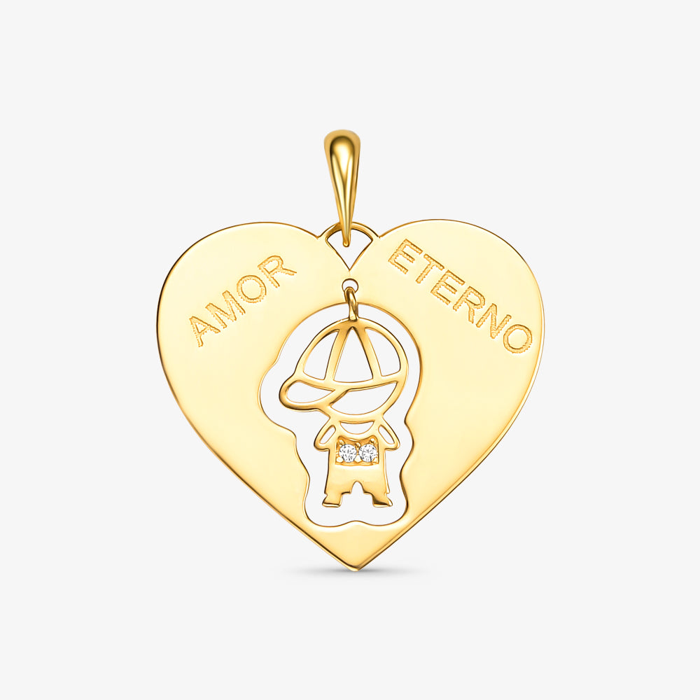 Pingente Menino Coração Amor Eterno com Pedras em Ouro Amarelo 18K