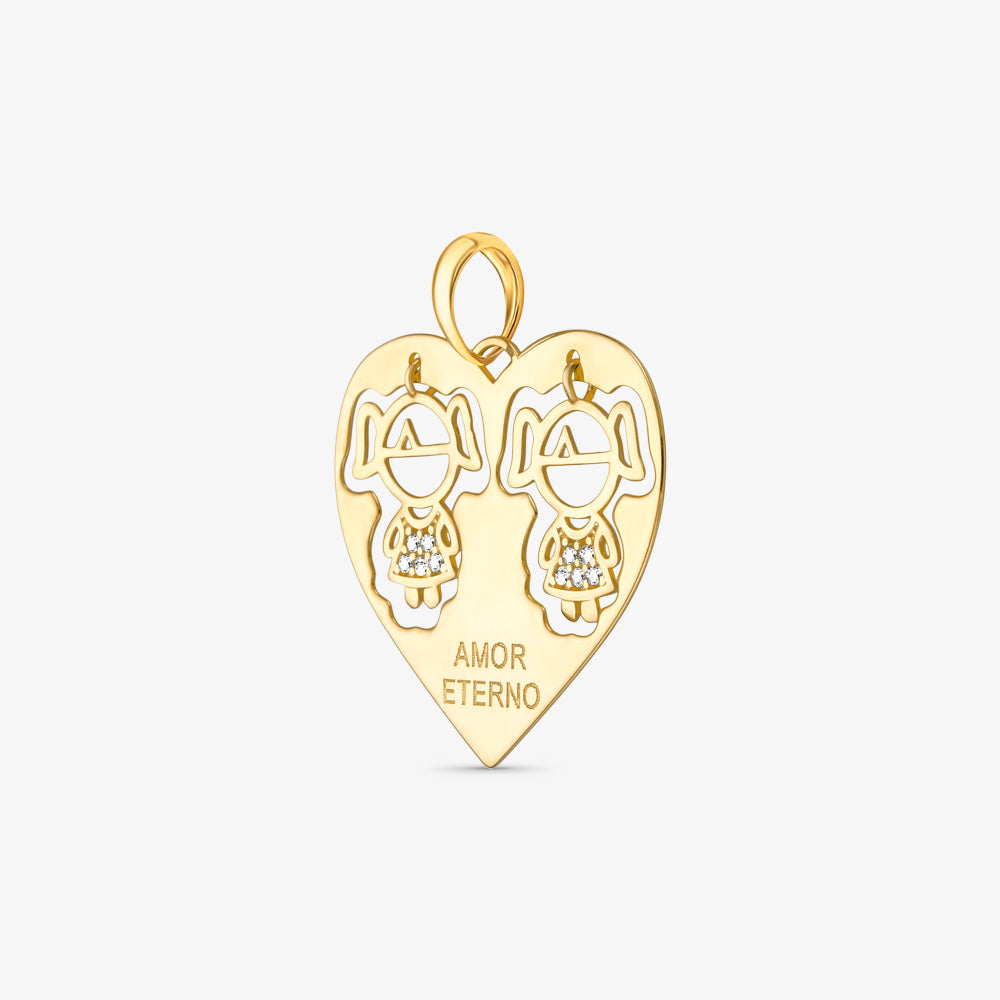 Pingente 2 Meninas com Pedra Coração Amor Eterno em Ouro Amarelo 18K