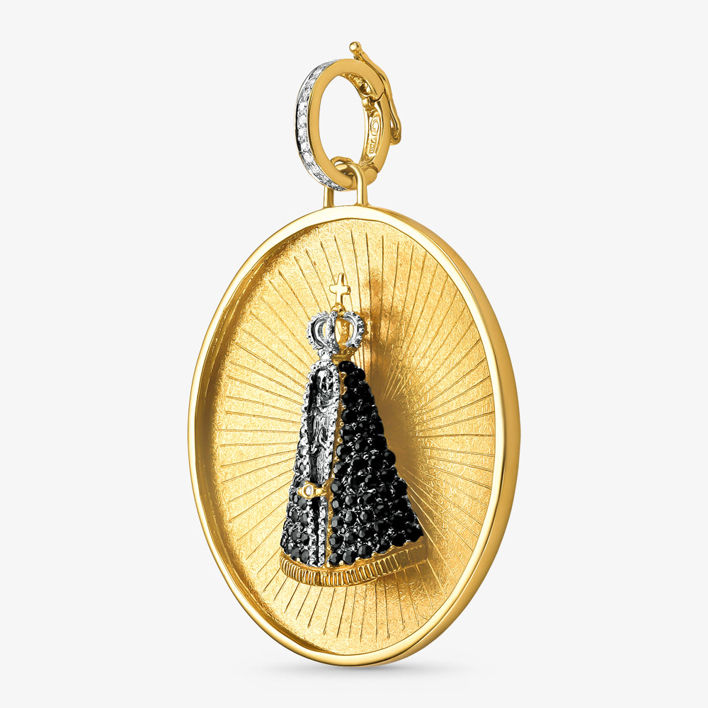 Pingente Medalha de Nossa Senhora Aparecida com Diamantes em Ouro Amarelo 18K