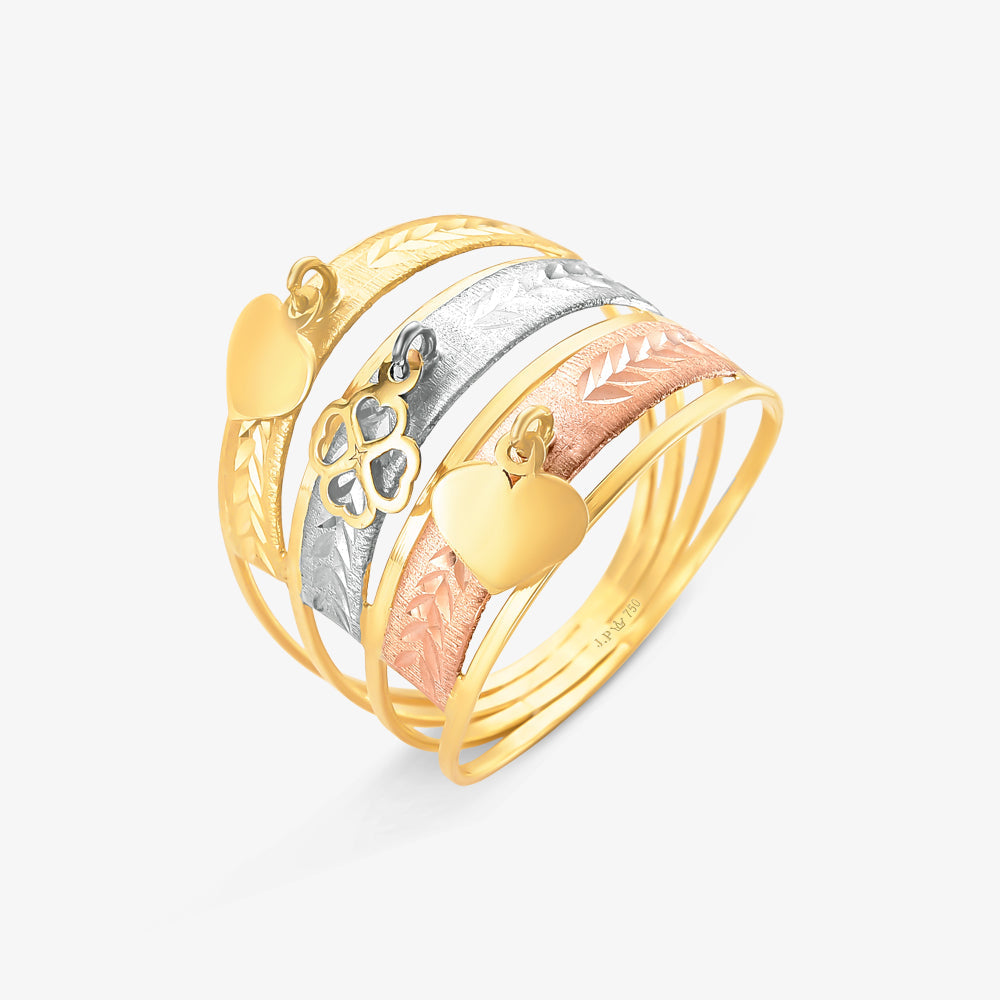 Anel Estamparia Tricolor Coração Pendurado em Ouro Amarelo 18K
