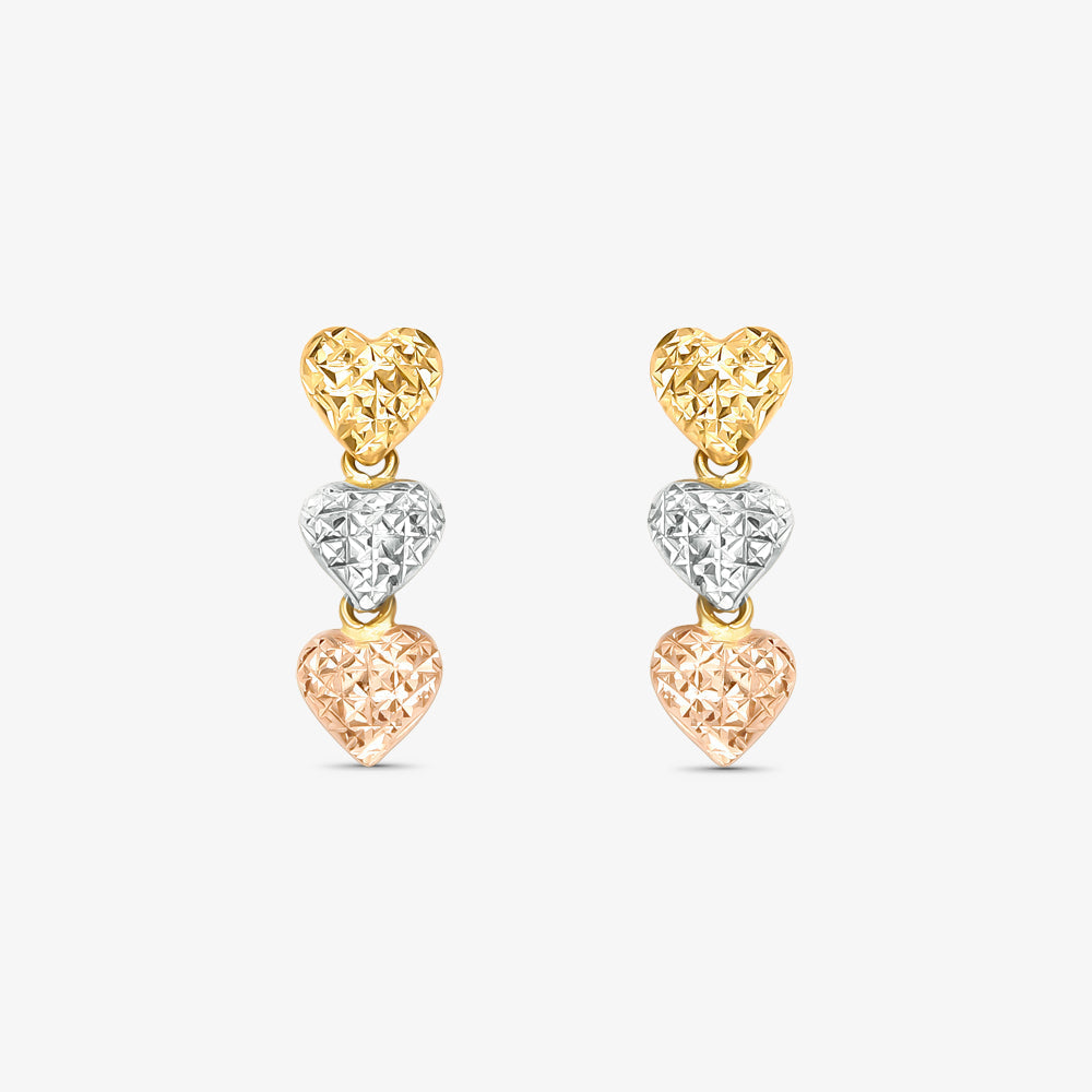 Brinco Trio Coração Tricolor em Ouro 18K