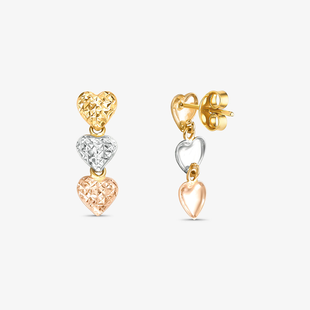 Brinco Trio Coração Tricolor em Ouro 18K