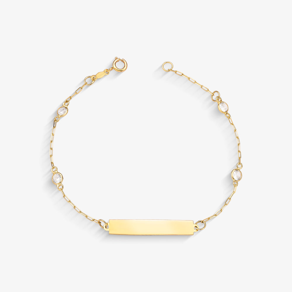Pulseira Infantil Chapa Retangular com Pedra em Ouro Amarelo 18K